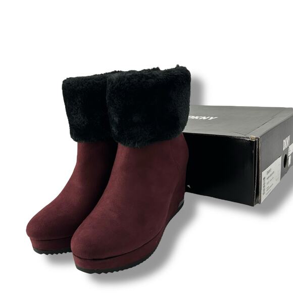 NEW DKNY Red Wedge Boots Size 5.5 Merlot Maroon Faux Fur Winter Booties Heels - Picture 8 of 12